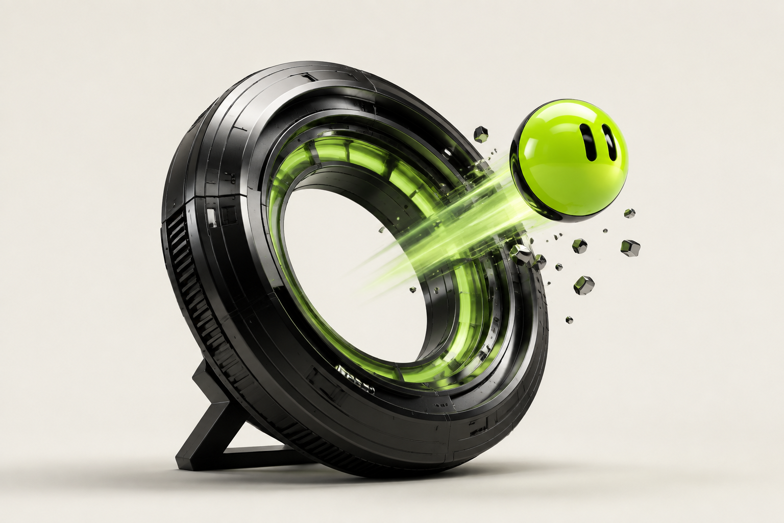 Lime meme capsule emerging from a sculptural black magnetic launch ring